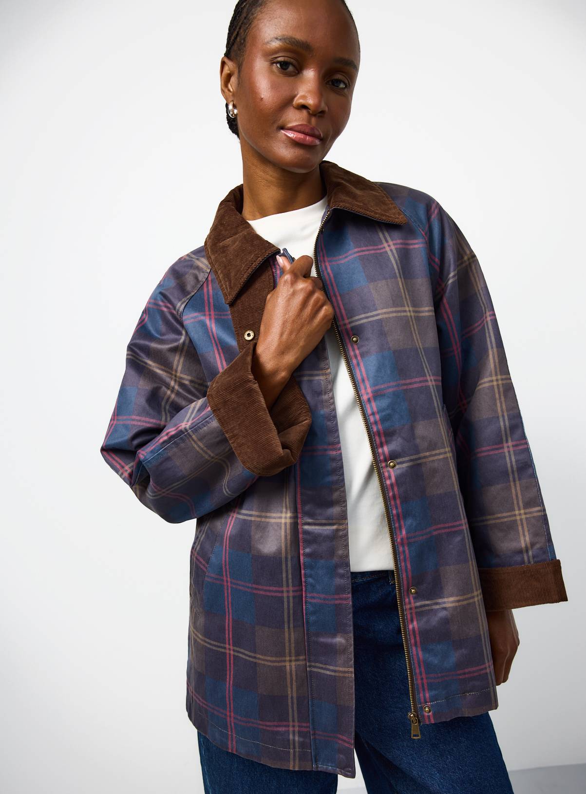Navy Check Waxy Car Coat XL - Image 1